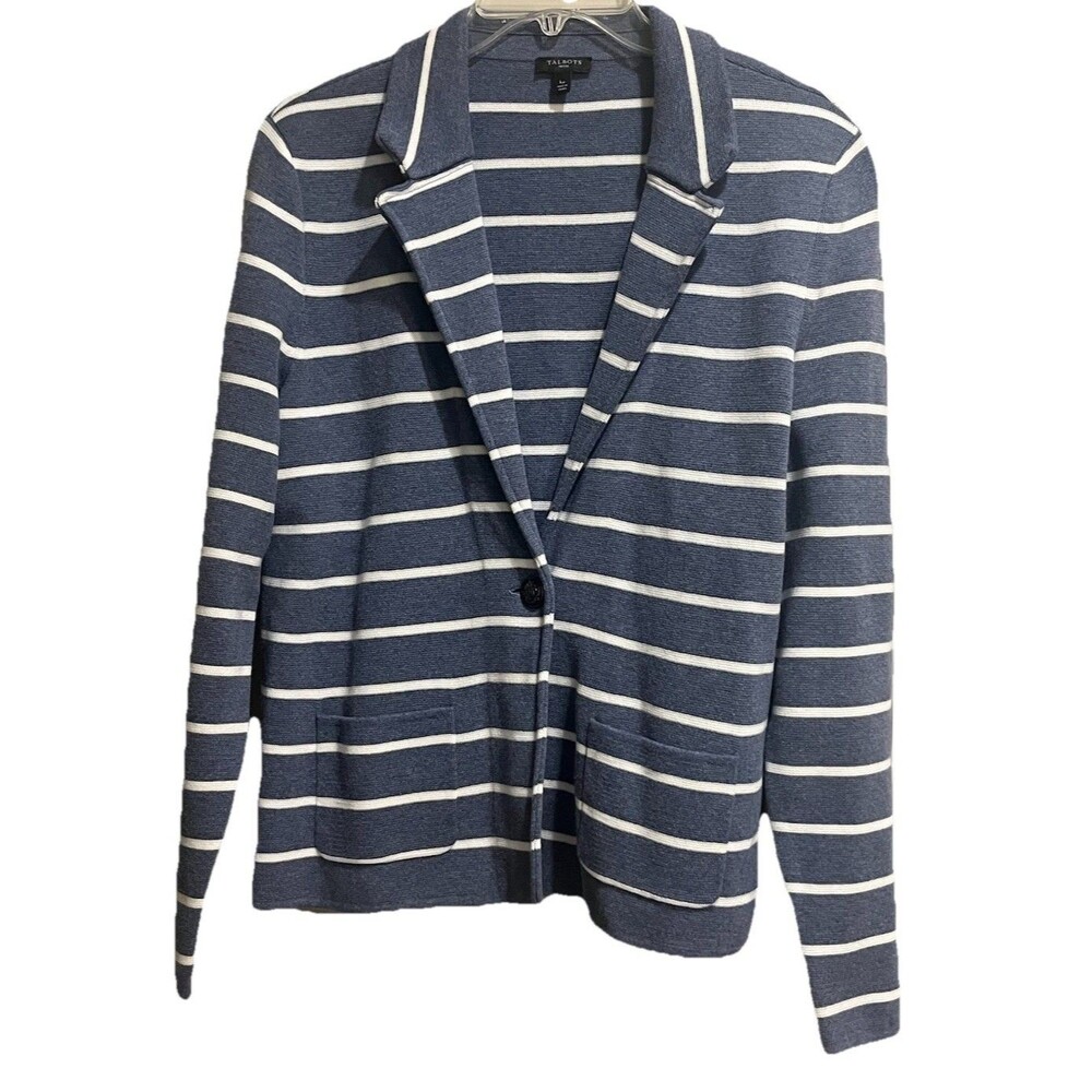 Talbots Women's Knit Jacket Blue/White Striped Cotton Blend Jacket Size LP